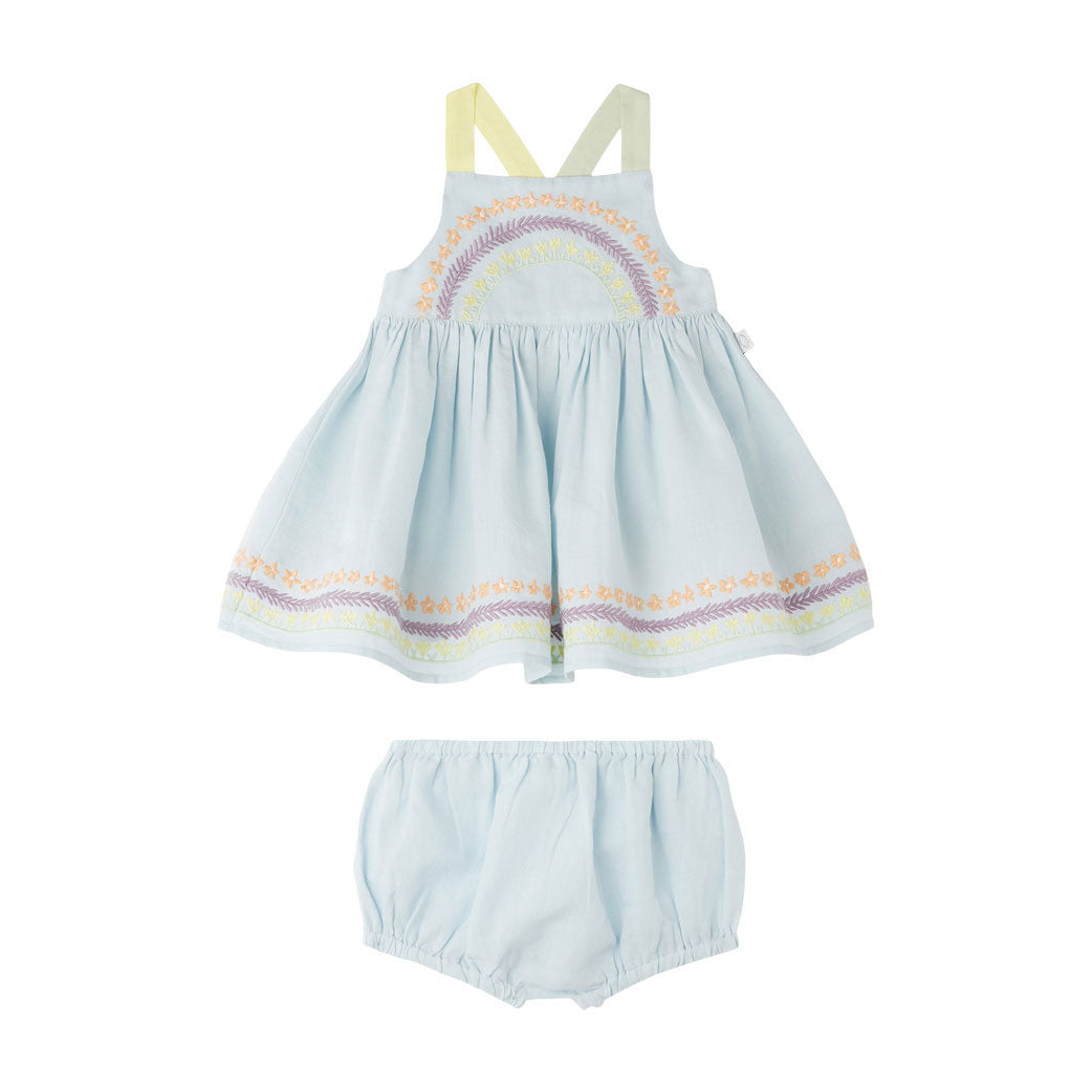 Stella McCartney Light Blue Flower Line Embroidery Linen Cotton Baby Dress