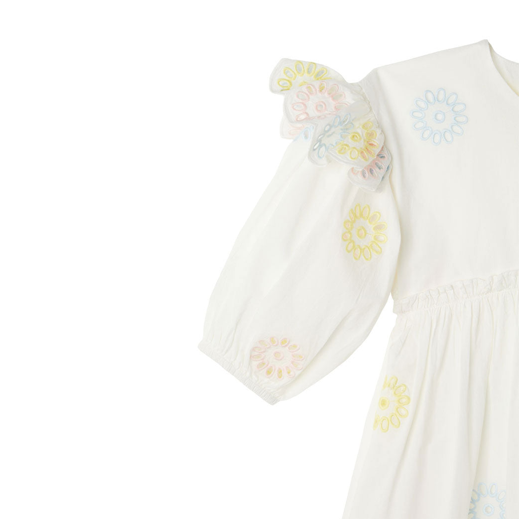 Stella McCartney White Multicolor Flowers Embroidery Puff Sleeves Dress