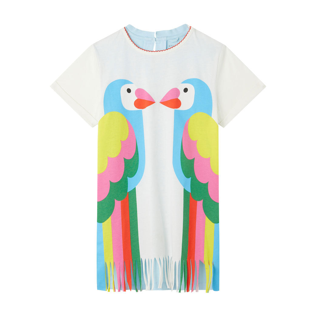 Stella McCartney White Ss Jersey Double Parrots And Fringe Dress
