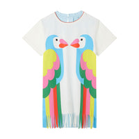 Stella McCartney White Ss Jersey Double Parrots And Fringe Dress