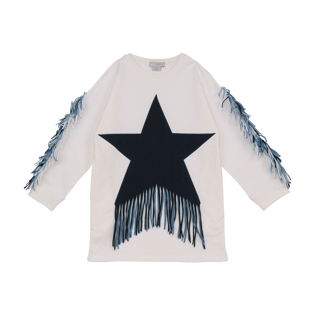 Stella McCartney White Cotton Fleece Star Patch And Fringe Dress