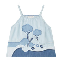 Stella McCartney Blue Sleeveless Landscape Patches Chambray Top