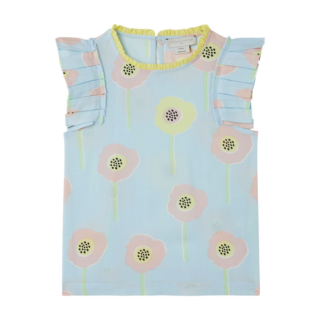 Stella McCartney Blue Sleeveless Contrast Frills Flowers Top