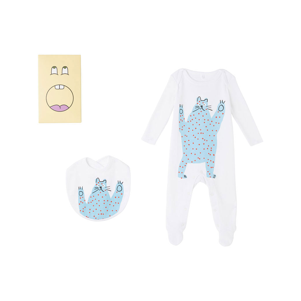 Stella McCartney White Cat Print Footie And Bib Set