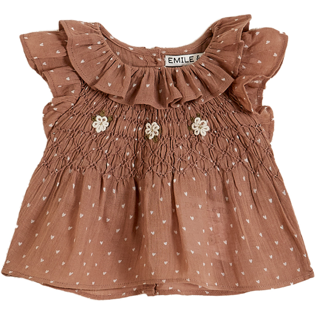 Emile et Ida Terracotta Heart Print Smocked Baby Blouse
