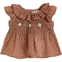 Emile et Ida Terracotta Heart Print Smocked Baby Blouse