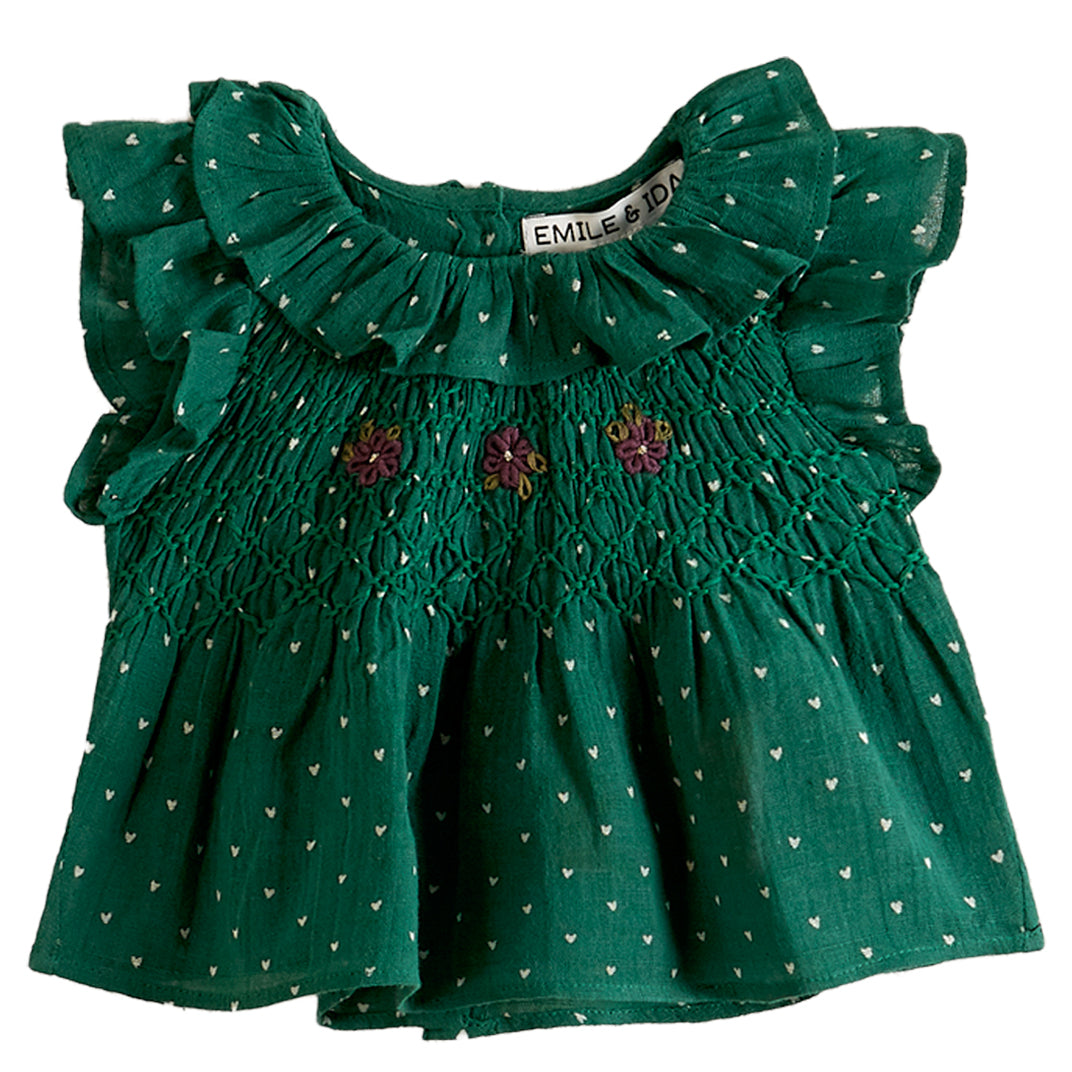 Emile et Ida Green Heart Print Smocked Baby Blouse