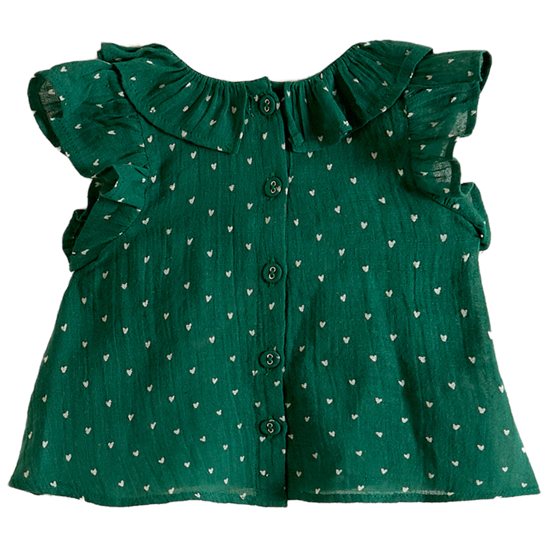 Emile et Ida Green Heart Print Smocked Baby Blouse