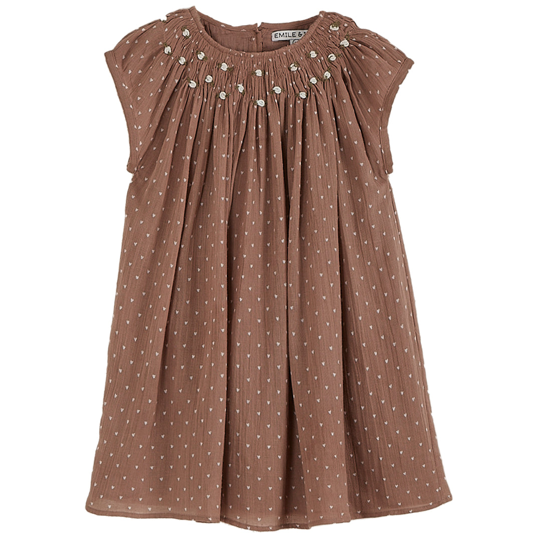 Emile et Ida Terracotta Heart Print Smocked Dress