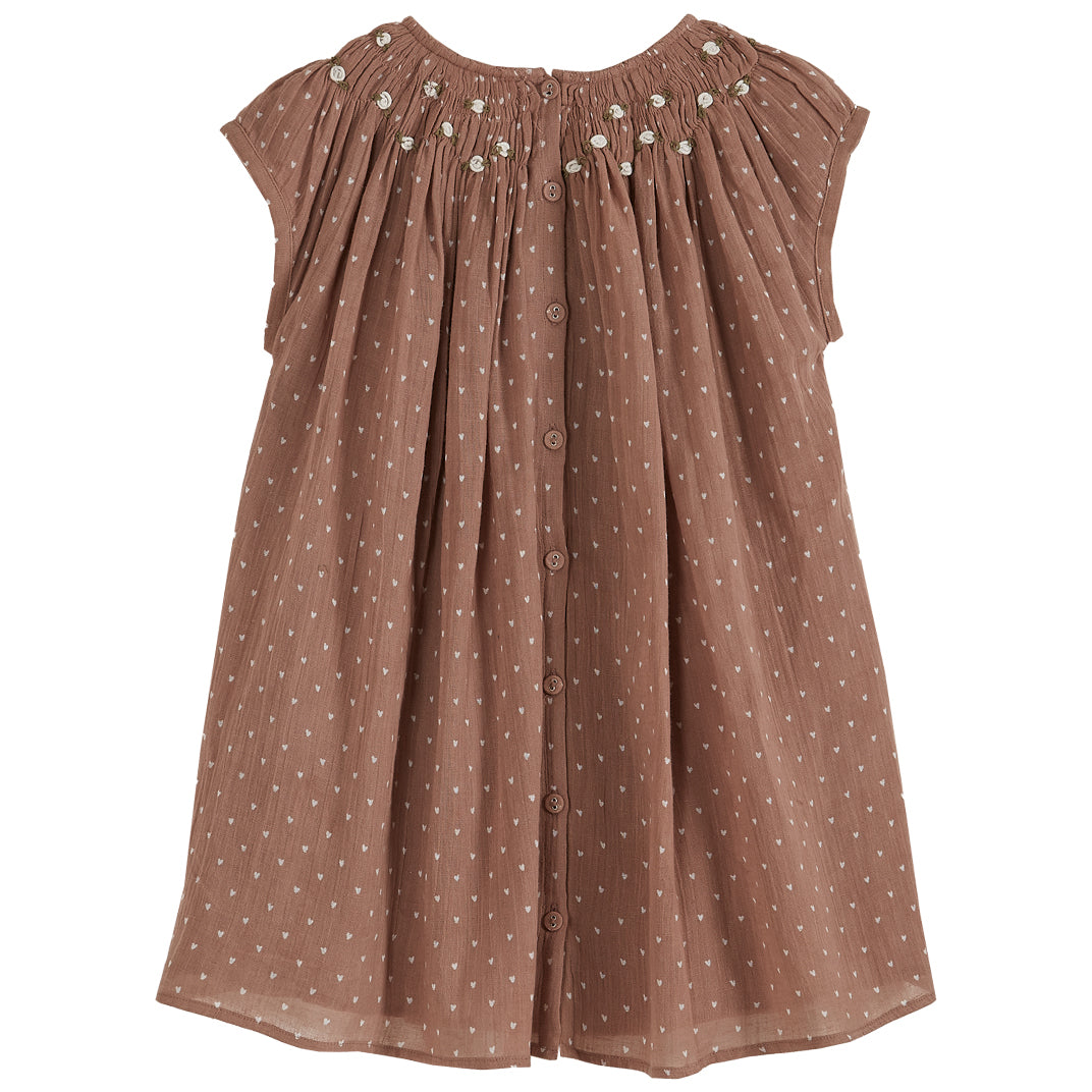 Emile et Ida Terracotta Heart Print Smocked Dress