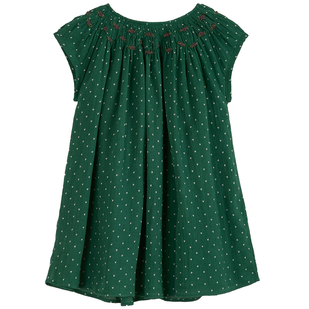 Emile et Ida Green Heart Print Smocked Dress