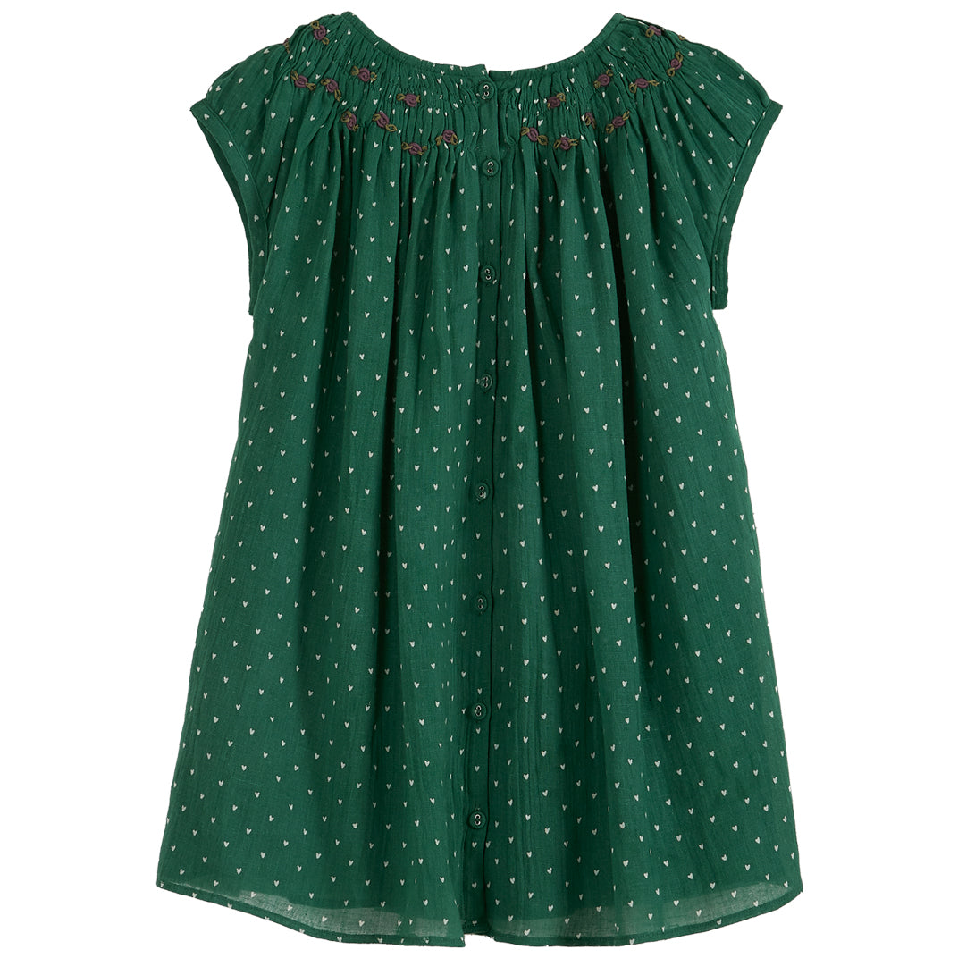 Emile et Ida Green Heart Print Smocked Dress