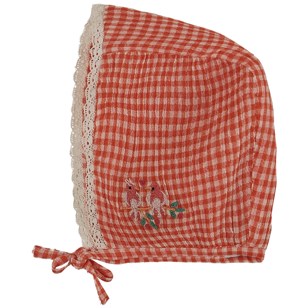 Emile et Ida Red Vichy Lace Bonnet