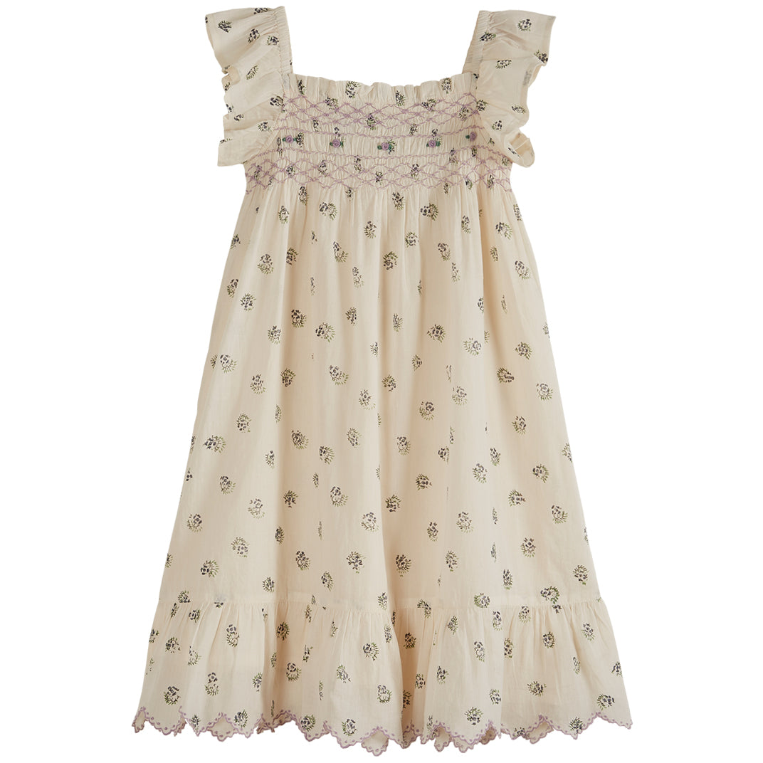 Emile et Ida Cream Berry Print Smocked Dress