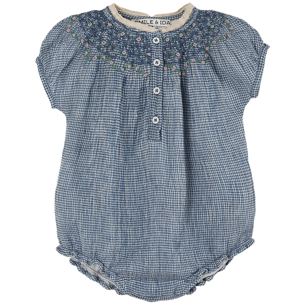 Emile et Ida Blue Mini Vichy Ruffle Collar Romper