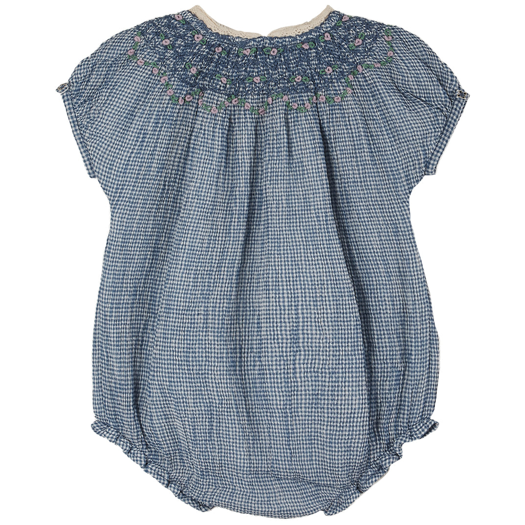 Emile et Ida Blue Mini Vichy Ruffle Collar Romper