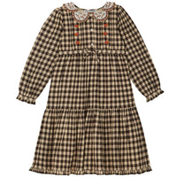 Emile et Ida Cafe Vichy Broidered Collar Tiered Dress