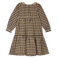 Emile et Ida Cafe Vichy Broidered Collar Tiered Dress
