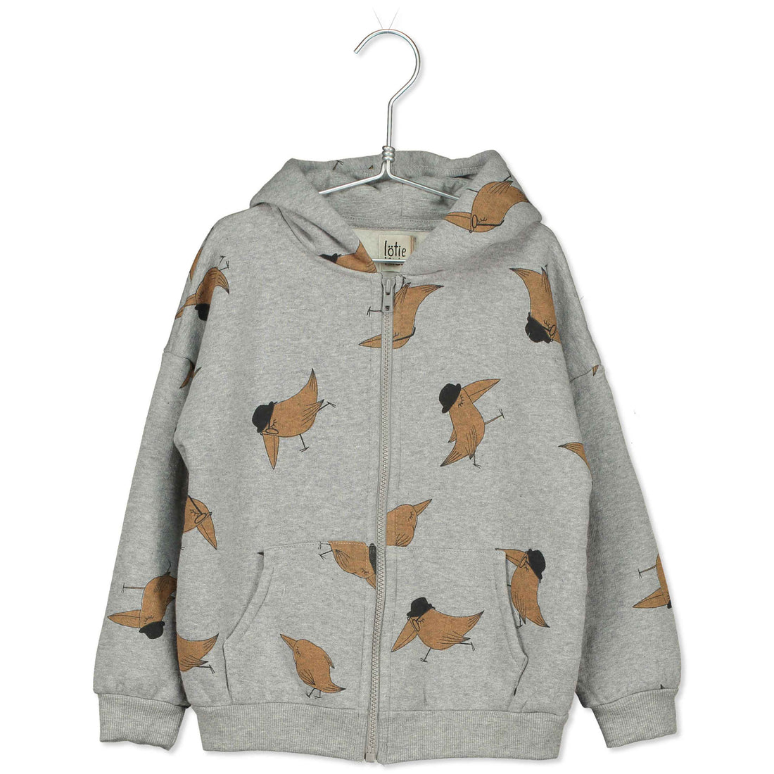 LotieKids Grey Melange Birds Hats Hooded Jacket