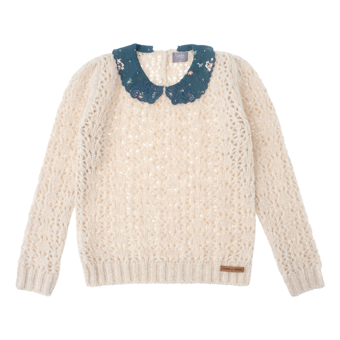 Tocoto Vintage Cream Knit Flower Embroidery Openwork Sweater