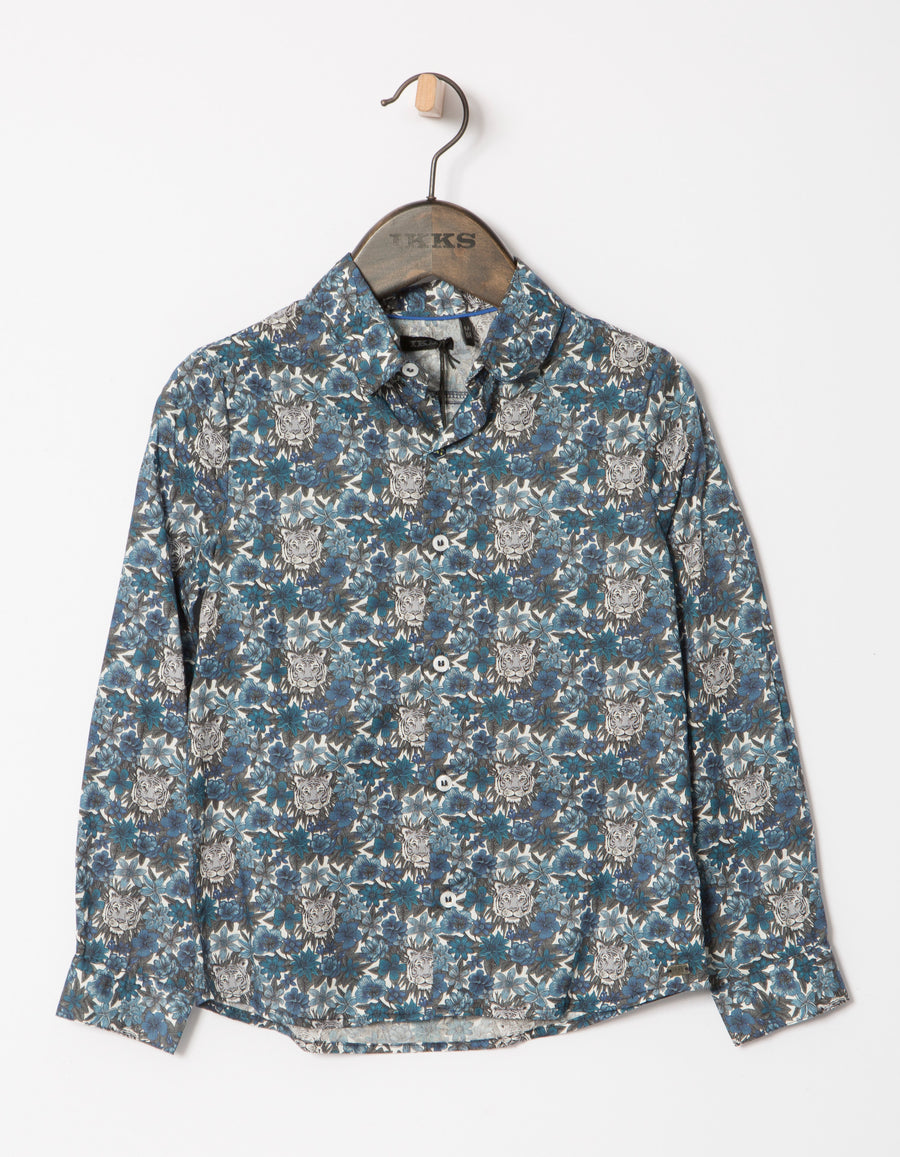 IKKS Indigo Tiger Flower Print Button Down