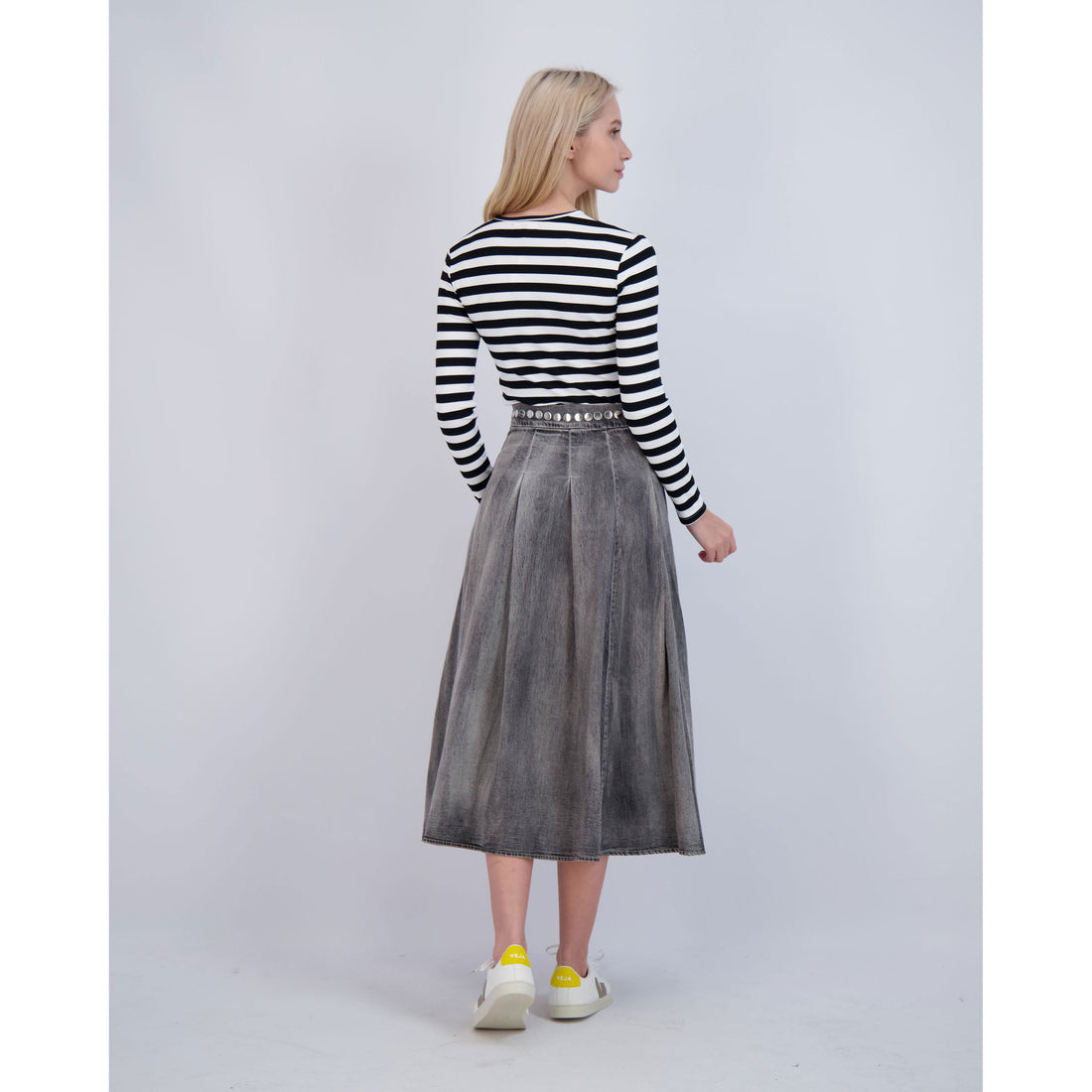Ava Jeans bottoms ava jeans Black Denim Snap Pleated Midi Skirt