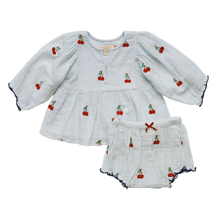 Pink Chicken Wan Blue Cherries Ava Belle Baby Dress