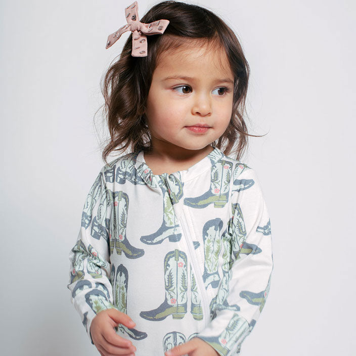 Pink Chicken Baby Bamboo Romper - Blue Cowboy Boots