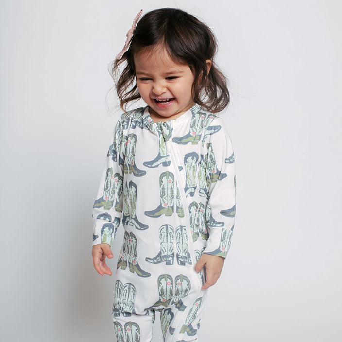 Pink Chicken Baby Bamboo Romper - Blue Cowboy Boots