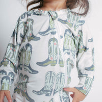 Pink Chicken Baby Bamboo Romper - Blue Cowboy Boots