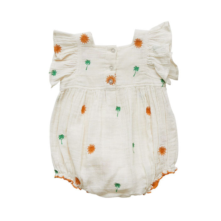 Pink Chicken Antique White Palm Tree/Sun Embroidered Elsie Romper