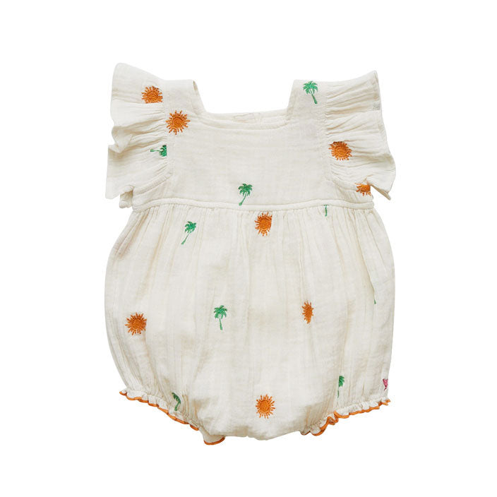 Pink Chicken Antique White Palm Tree/Sun Embroidered Elsie Romper