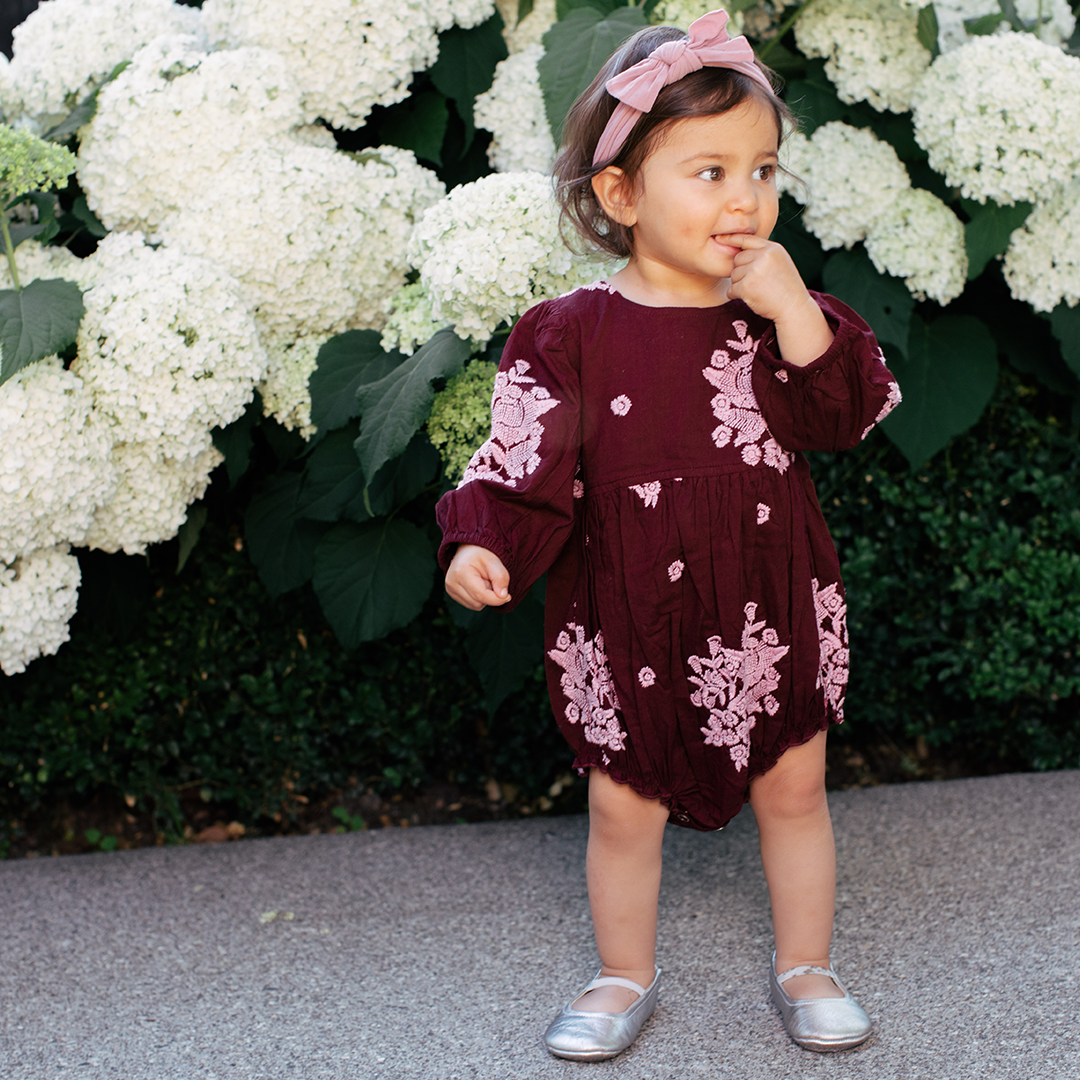 Pink Chicken Brooke Bubble - Burgundy Embroidery