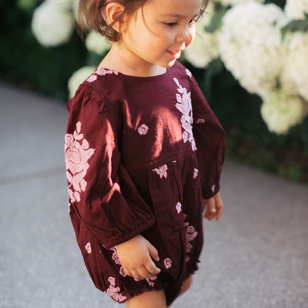 Pink Chicken Brooke Bubble - Burgundy Embroidery