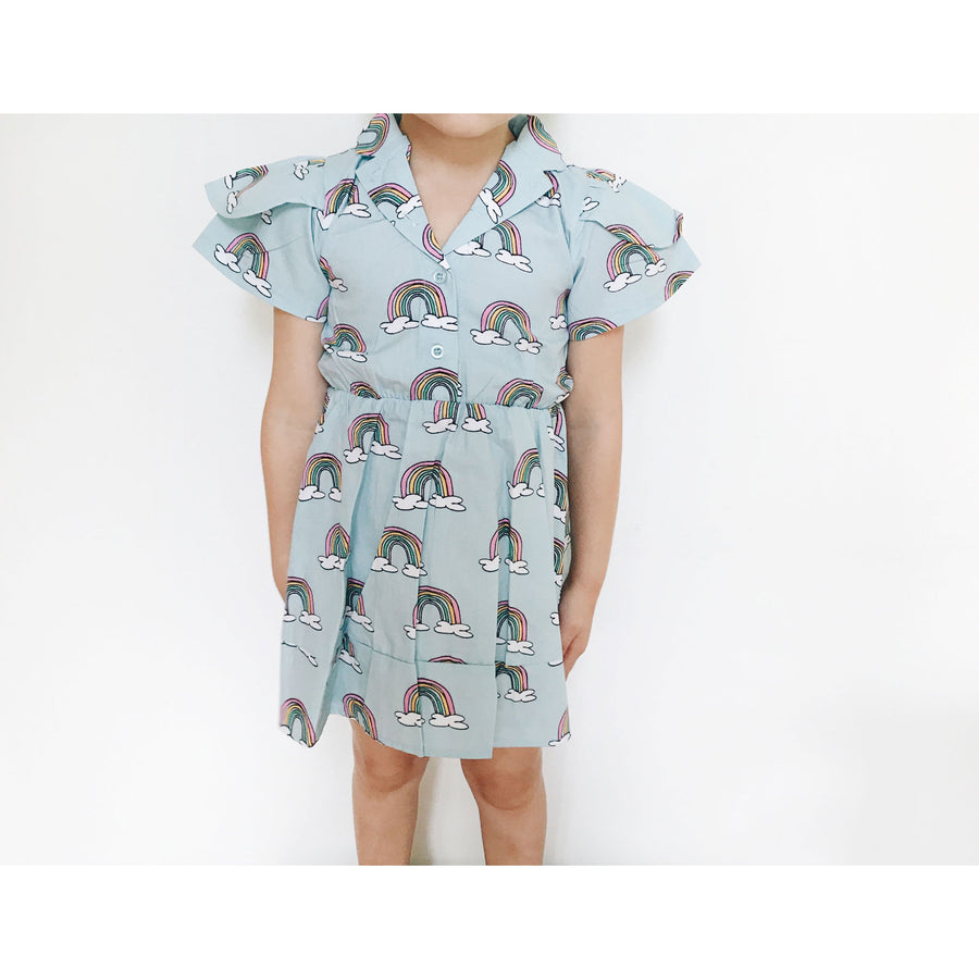 Hugo Loves Tiki Blue Rainbows Petal Sleeve Dress