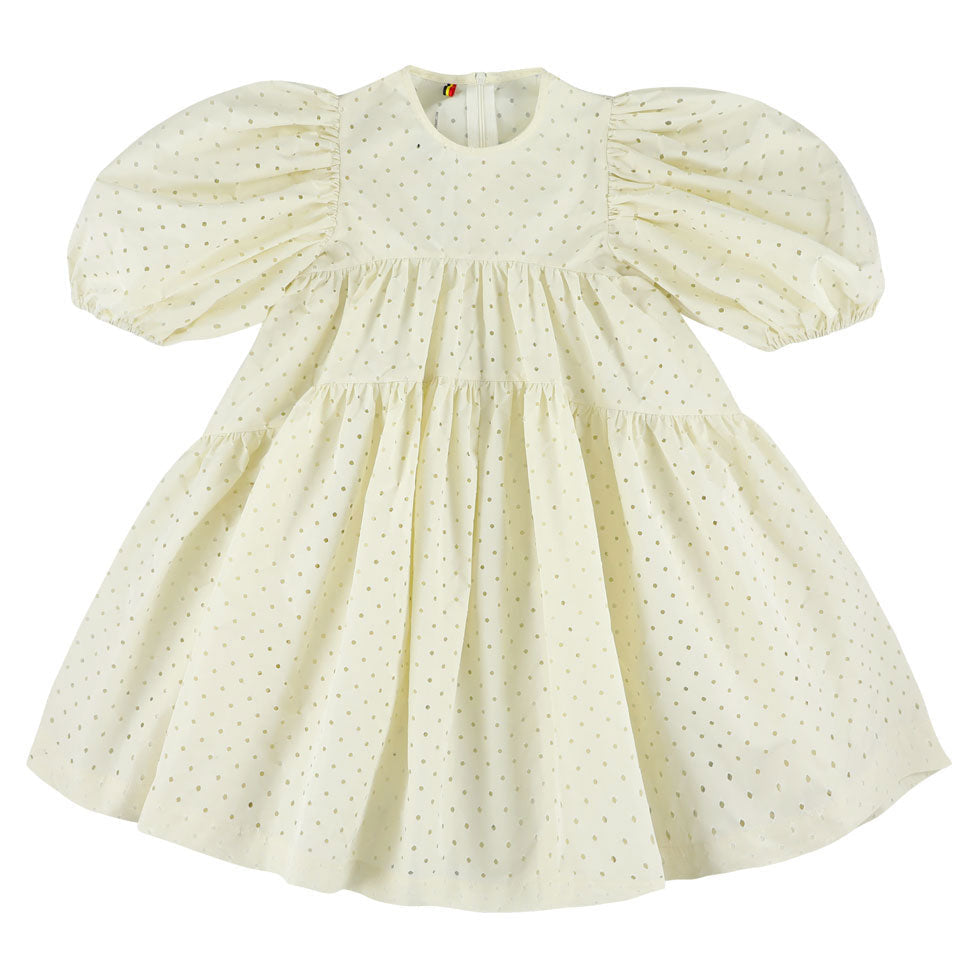 Caroline Bosmans dresses Caroline Bosmans Perforated Off White High Cut Bubble Sleeve Tiered Dress