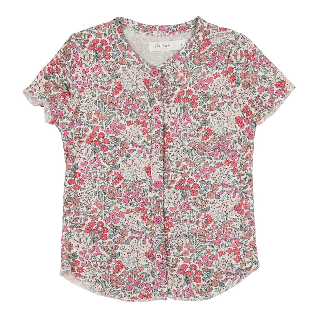 Delicat Fuchsia Floral Print Short Sleeve Button Down Tee