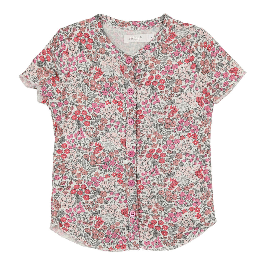 Delicat Fuchsia Floral Print Short Sleeve Button Down Tee
