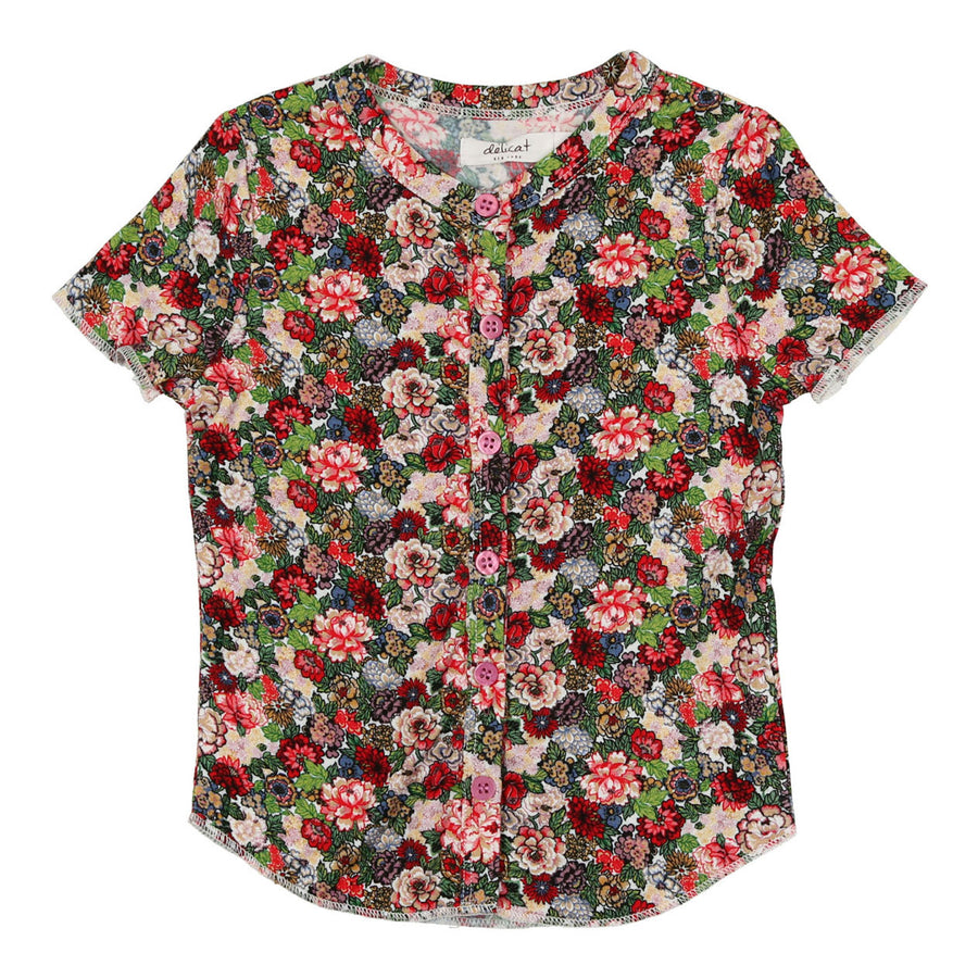 Delicat Red Floral Print Short Sleeve Button Down Tee