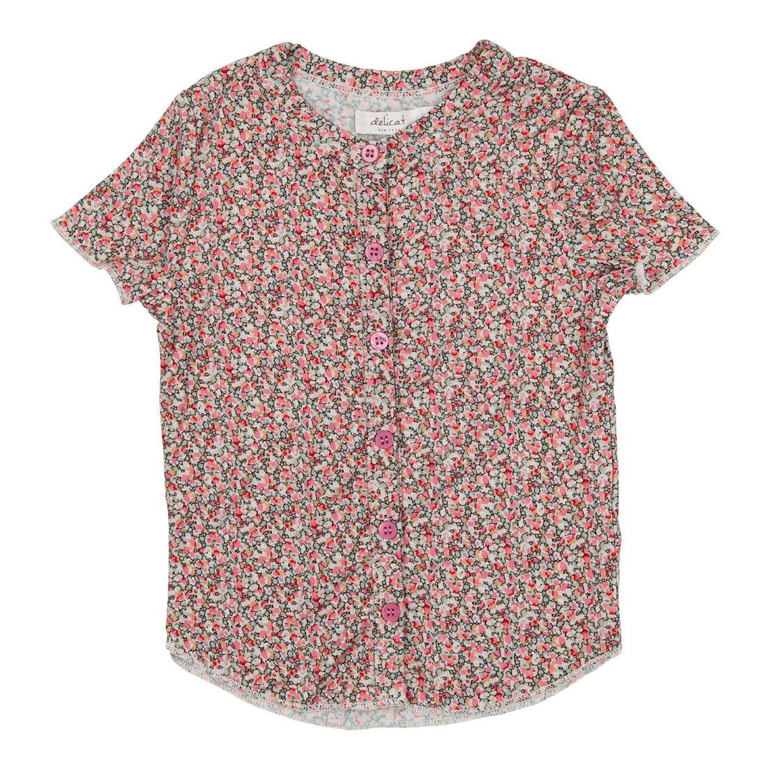 Delicat Red Mini Floral Print Short Sleeve Button Down Tee