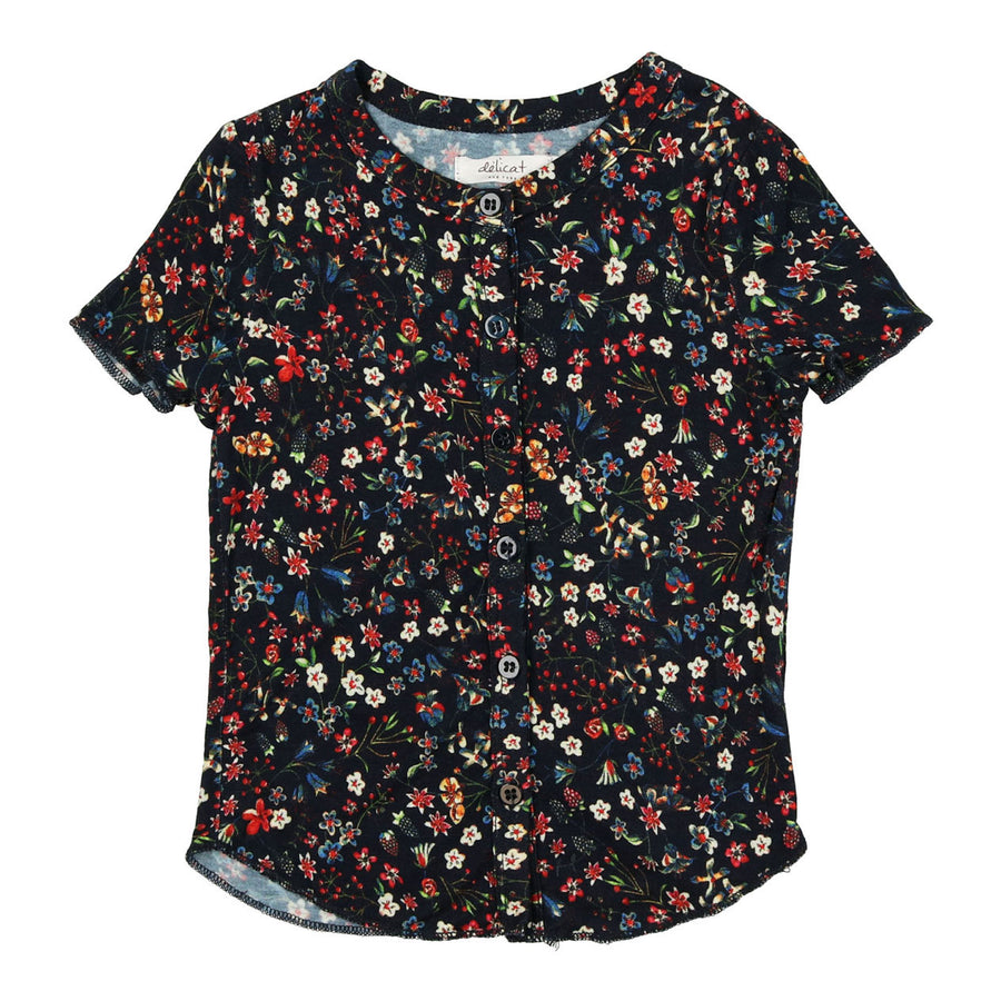 Delicat Black Floral Print Short Sleeve Button Down Tee