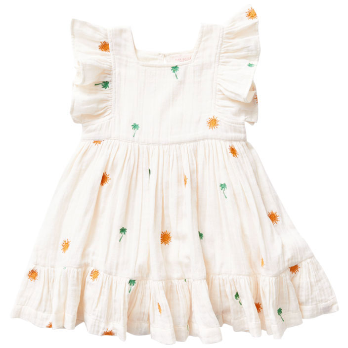 Pink Chicken Antique White Palm Tree/Sun Emb Elsie Dress