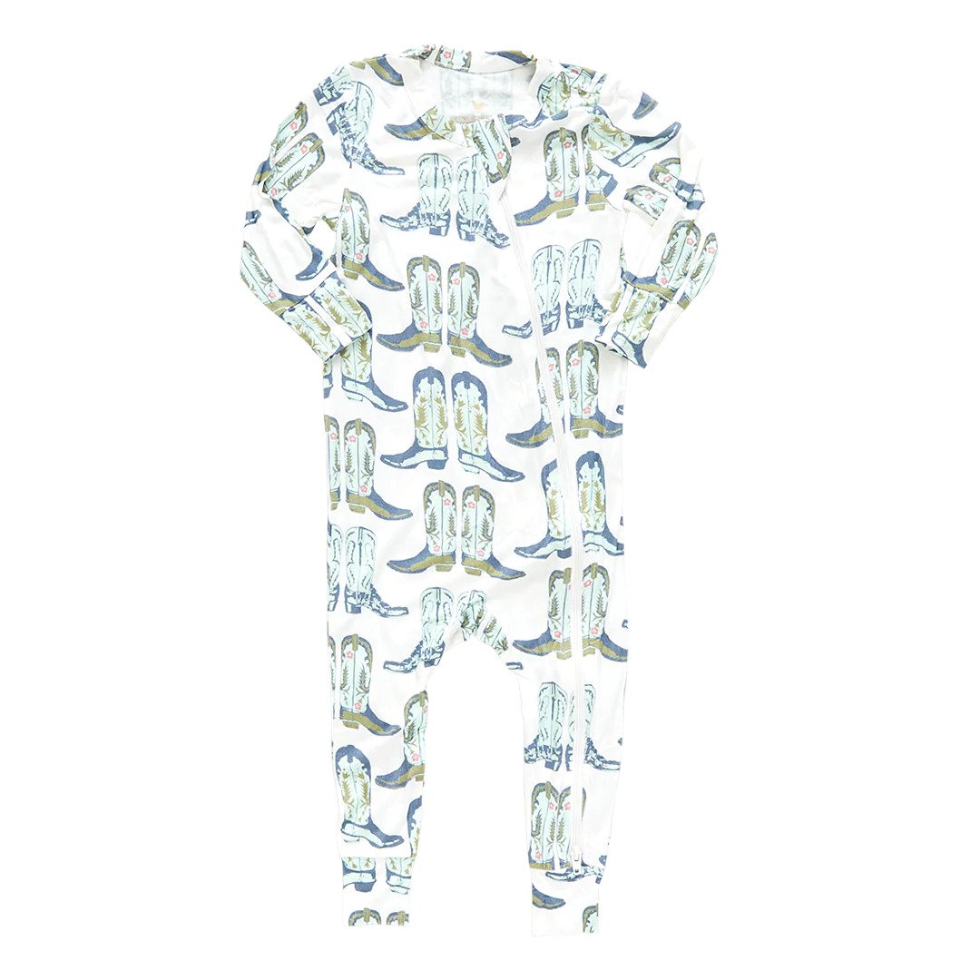 Pink Chicken Baby Bamboo Romper - Blue Cowboy Boots