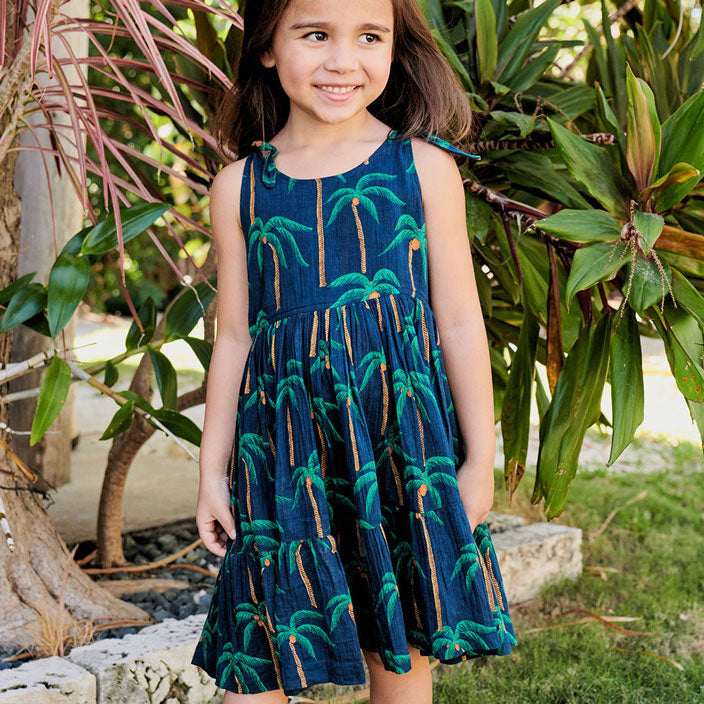 Pink Chicken Taylor Dress - Navy Palm Trees
