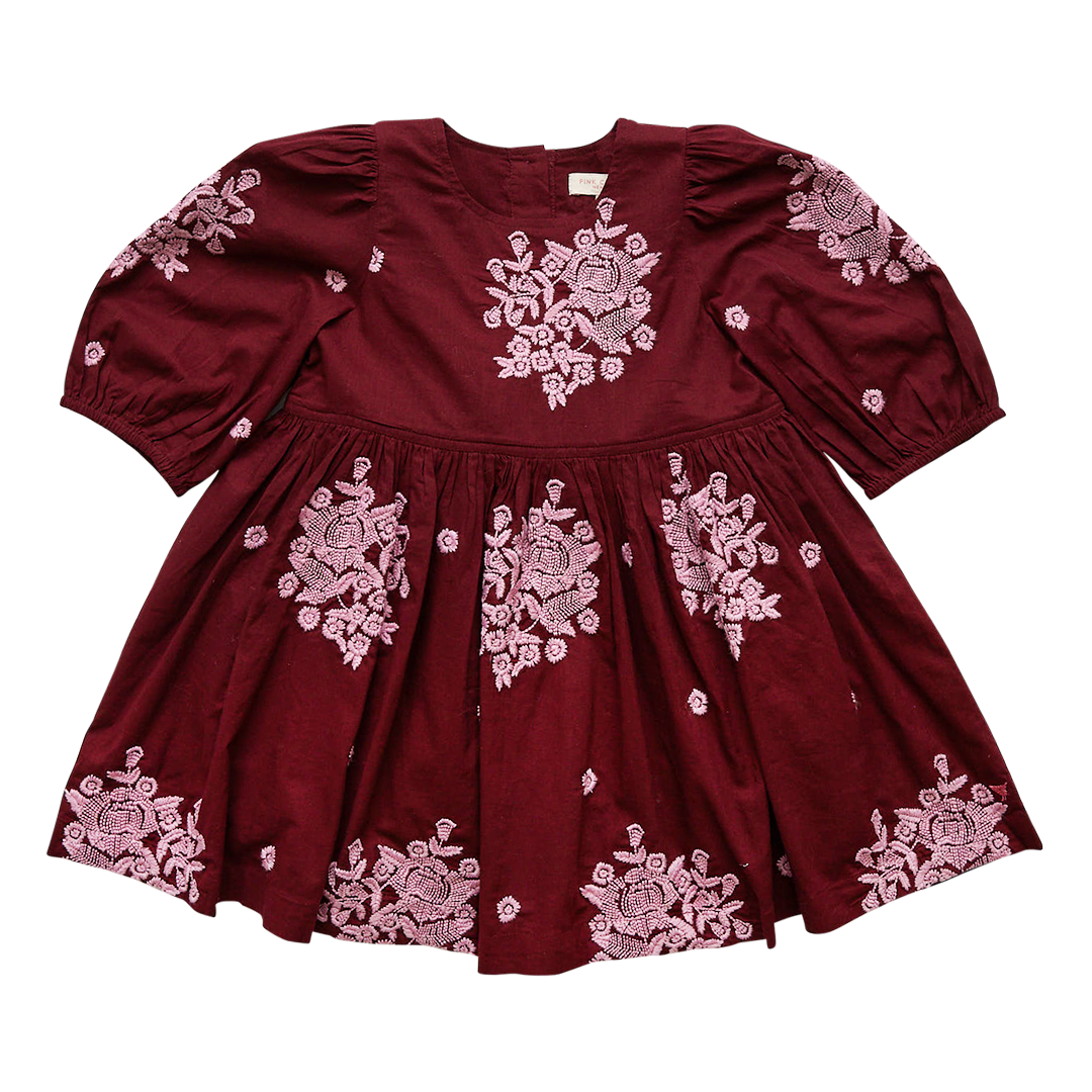 Pink Chicken Brooke Dress - Burgundy Embroidery