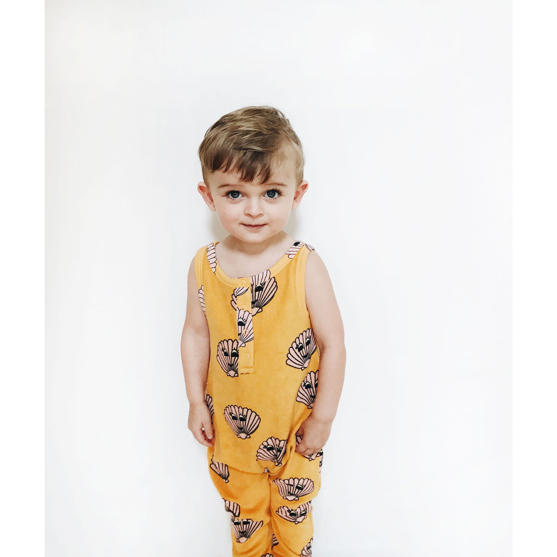 Hugo Loves Tiki Gold Seashells Long Leg Terry Romper