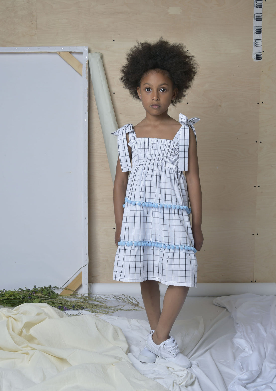 Loud White Grid Tiered Shirred Dress