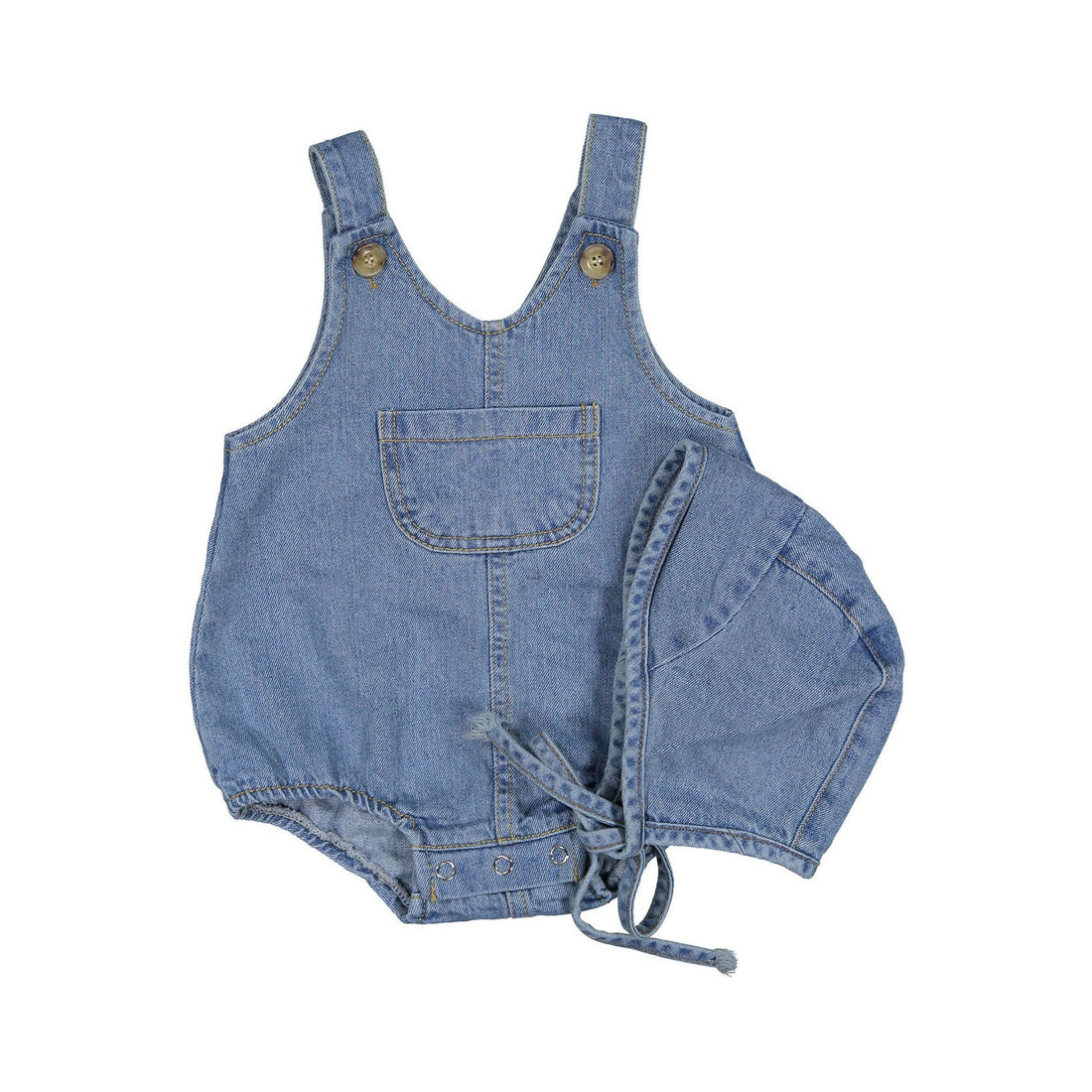 NUNUBIEL rompers Nunubiel Blue Mini Pin Denim Romper With Bonnet