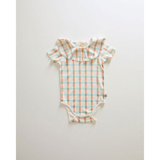 Oeuf bodysuits Oeuf Ruffle Collar Onesie - Gardenia/Check Print