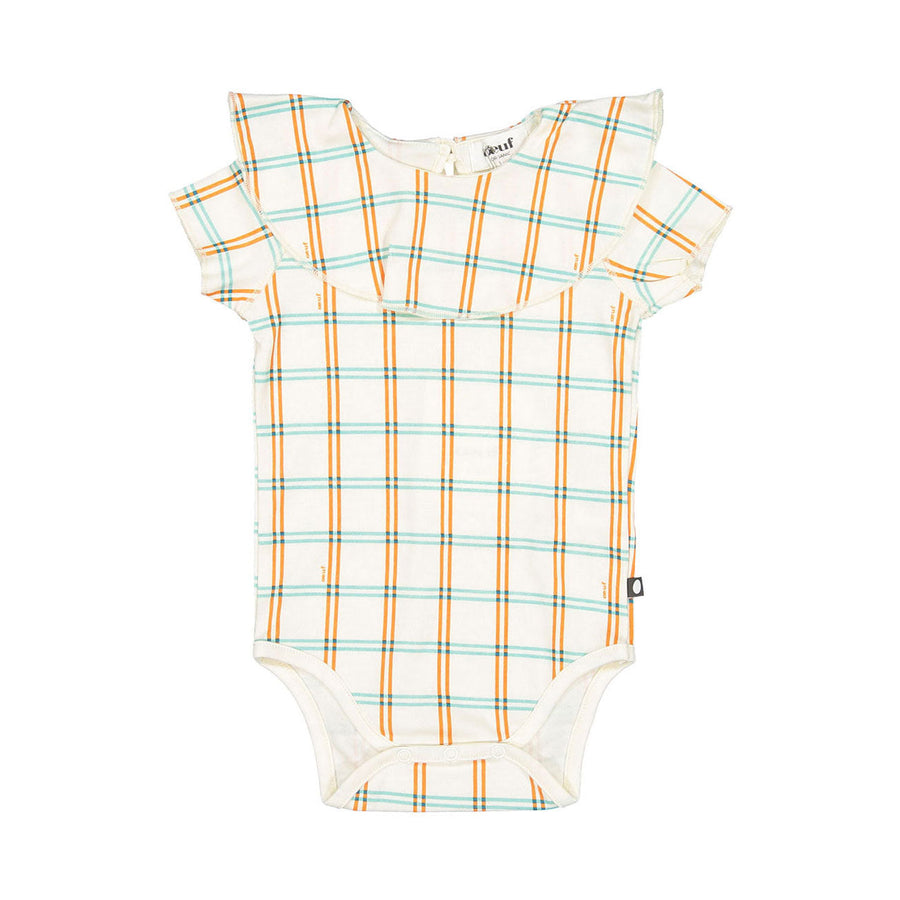 Oeuf bodysuits Oeuf Ruffle Collar Onesie - Gardenia/Check Print